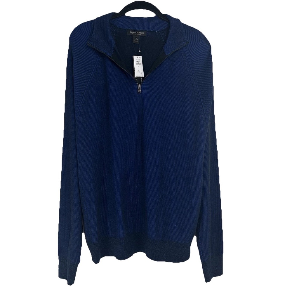 NEW Banana Republic Mens Supima Cotton Quarter Zip Ribbed Sweater Blue L Preppy